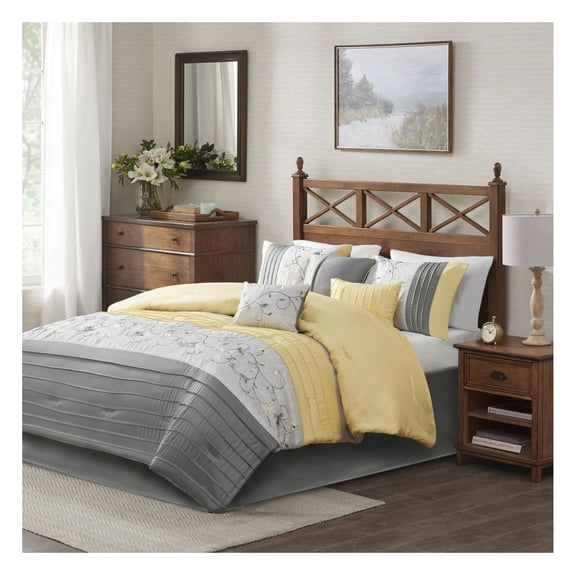 Embroidered Comforter Set 7 Piece - Floral Design, Polyester, King/Cal King - Yellow & Grey Bedroom Decor