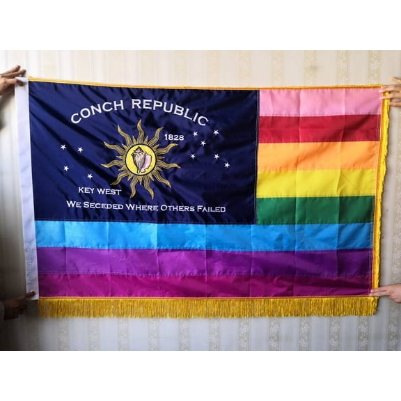 Embroidered Conch Republic Rainbow Pride LGBTQ Gay Lesbian Flag with Fringe and Canvas Header from Key West, Florida