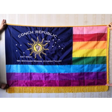 Embroidered Conch Republic Rainbow Pride LGBTQ Gay Lesbian Flag with Fringe and Sleeve Header from Key West, Florida