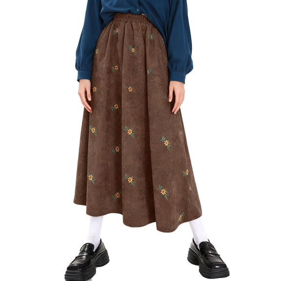Embroidered Corduroy Skirts Womens Winter Fall High Waist Ruffle Aline Flare Floral Mid Skirts Khaki, XXL