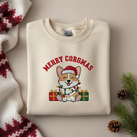 Embroidered Corgi Christmas Sweatshirt, Funny Dog Mom Gift, Cute Pembroke Corgmas Sweater, Xmas Pet Owner Crewneck Top