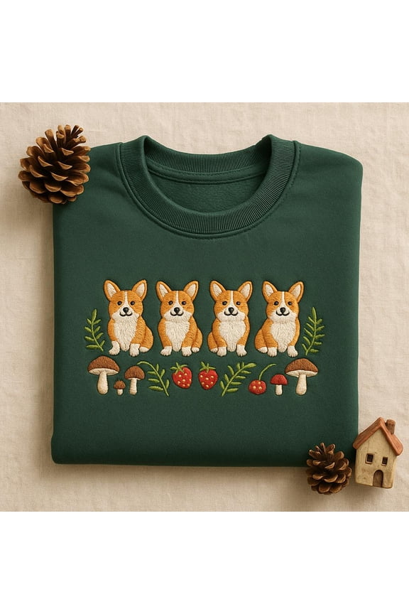 Embroidered Corgi Hoodie, Cottagecore Dog Sweatshirt, Mushroom Strawberry Pet Crewneck, Cute Animal Lover Gift