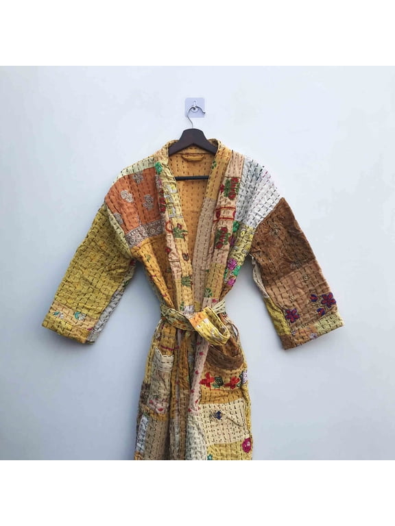 Embroidered Cotton Kimono Jacket Handmade Patchwork Quilted Boho Wrap Robe, Sustainable Festival Coat,
