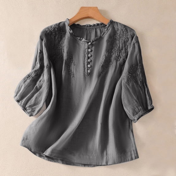 Embroidered Cotton Linen Blouse Boho Tops Casual Loose Fit Retro Plus Size Cotton Linen Blouse Blouse Dressy Top Floral Shirt Peasant Blouses Solid Blouses Mexican Blouse Linen Shirt Grey XL