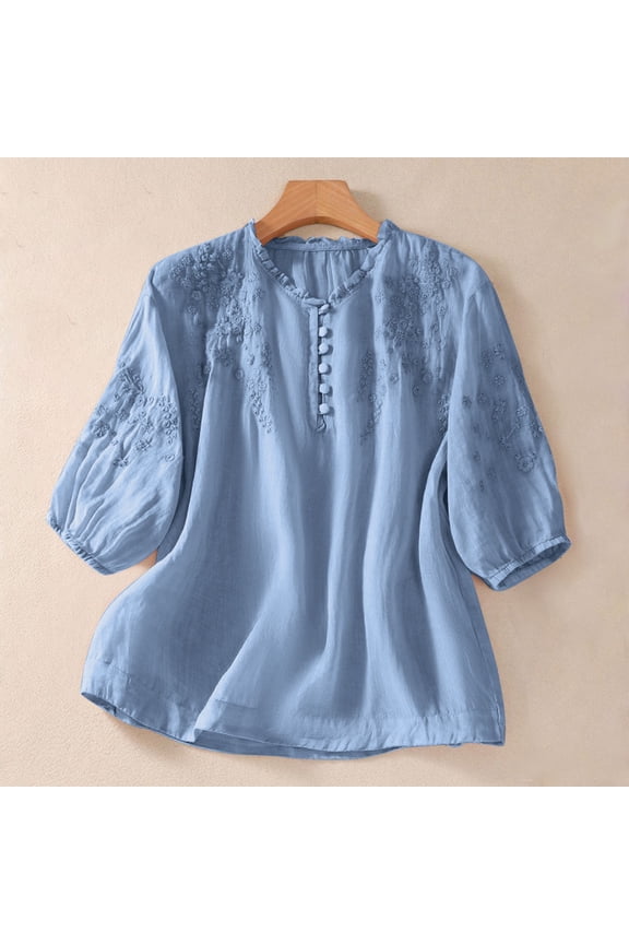 Embroidered Cotton Linen Blouse Solid Blouses Mexican Blouse Flowy Embroidered Peasant Tops Henley Neck Summer Shirts Cotton Linen Top Flowy Shirts Cotton Linen Blouse Tunic Blouse Blue L