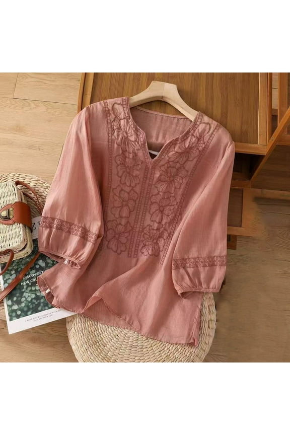 Embroidered Cotton Linen Shirts Bohemian Shirts Embroidered Boho Tops Bohemian Tops Embroidered Tops Peasant Shirts Boho Ethnic Style Peasant Tee Dressy Casual Blouses Summer Boho T Shirts Red XL