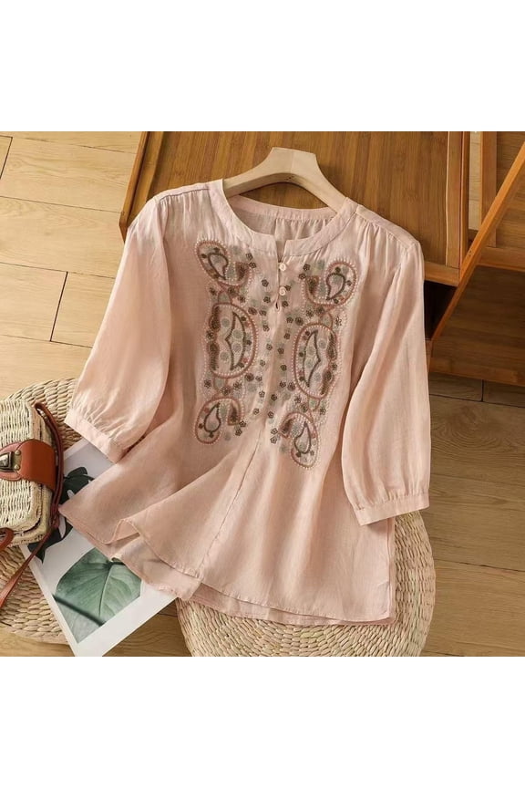 Embroidered Cotton Linen Shirts Bohemian Tops Boho Ethnic Style Peasant Tee Flowy Tees Floral Blouses Boho Retro Embroidered Tops Button Tunic Tshirt Peasant Shirts Boho Blouse Bohemian Shirts Pink L