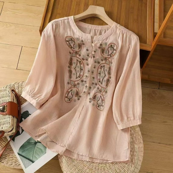 Embroidered Cotton Linen Shirts Bohemian Tops Boho Ethnic Style Peasant Tee Flowy Tees Floral Blouses Boho Retro Embroidered Tops Button Tunic Tshirt Peasant Shirts Boho Blouse Bohemian Shirts Pink L