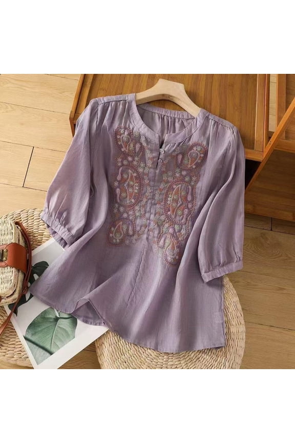 Embroidered Cotton Linen Shirts Boho Retro Embroidered Tops Boho Ethnic Style Peasant Tee Embroidered Boho Tops Bohemian Tops Embroidered Shirt Floral Gauze Tunics Button Tunic Tshirt Purple XL