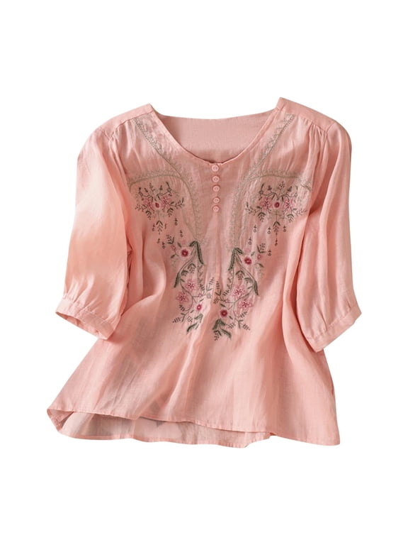Embroidered Cotton Linen Shirts Boho Retro Embroidered Tops Embroidered Boho Tops Flowy Tees Floral Blouses 3/4 Sleeve Dressy Casual Blouses Bohemian Shirts Boho Blouse Embroidered Tops Pink L
