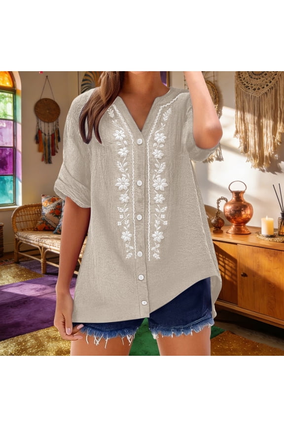 Embroidered Cotton Linen Shirts Cotton Button Up Shirt Flowy Tunic Button Down Shirts Dressy Casual Loose Floral Womens Boho Tops Tees Shirt Blouse Summer 3/4 Sleeve Boho Tops Office Work Tops