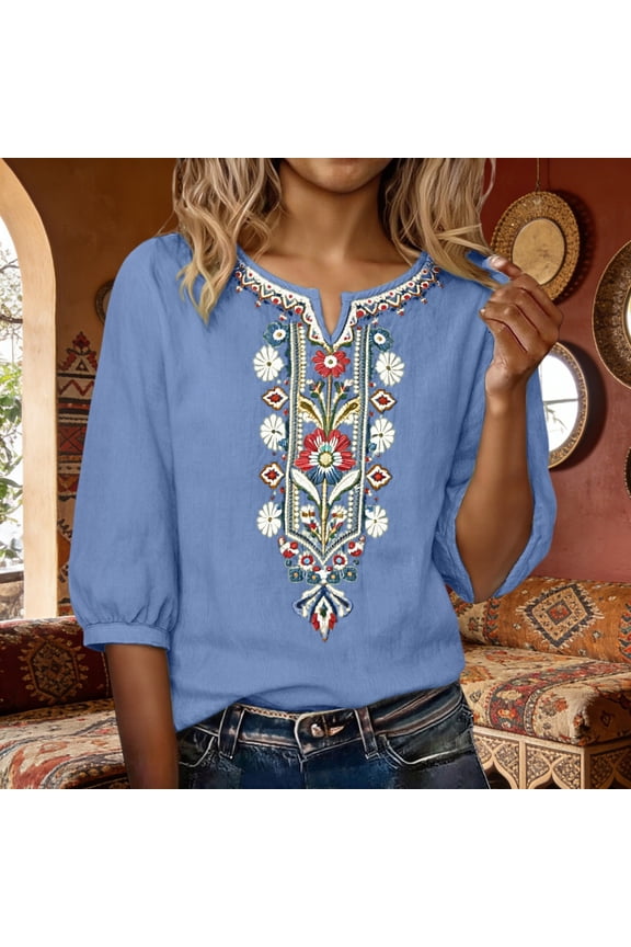 Embroidered Cotton Linen Shirts Crewneck Tee Shirts Tunics Floral Blouses 3/4 Sleeve Gauze Boho Tops Bohemian Tops Puff Sleeve Peasant Tops Dressy Loose Tunics Blouses Mexican Blouse Sky Blue L