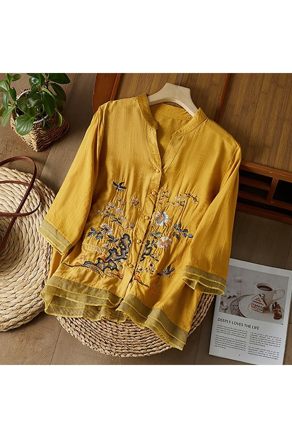 Embroidered Cotton Linen Shirts Embroidered Boho Tops Button Tunic Tshirt Boho Ethnic Style Peasant Tee Tunic Top Dressy Bohemian Shirts Boho Blouse Floral Blouses Boho Retro Embroidered Tops Yellow