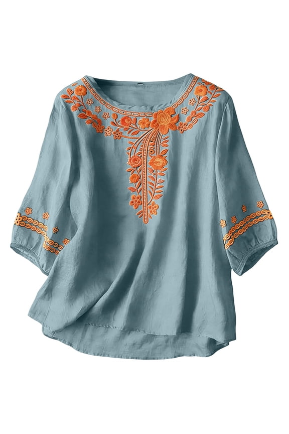 Embroidered Cotton Linen Shirts Embroidered Linen Tops Boho Blouse Dressy Casual Loose Blouses Summer Casual Blouse Embroidered Linen Shirts Cotton Linen Tunics Bohemian Tunic Shirts Sky Blue S