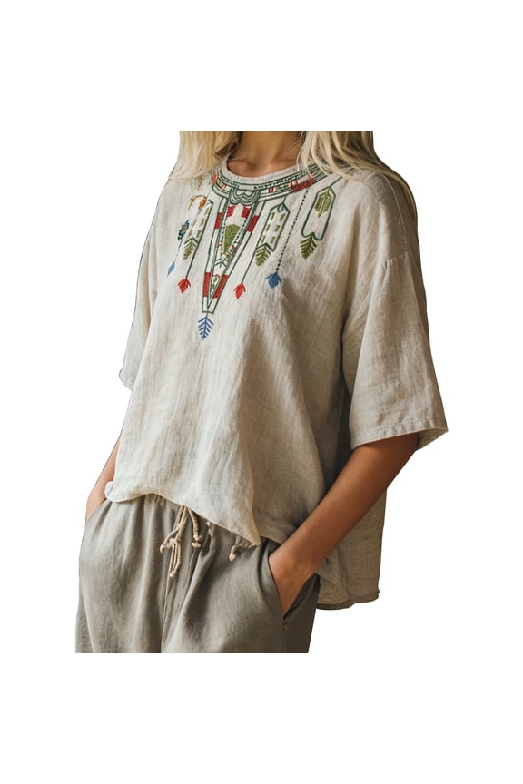 Embroidered Cotton Linen Shirts Embroidered Tops Linen Shirts for Women Puff Sleeve Peasant Tops Crewneck Tee Shirts Tunics Boho Blouse Casual Bohemian Shirts 3/4 Sleeve Gauze Boho Tops A XL