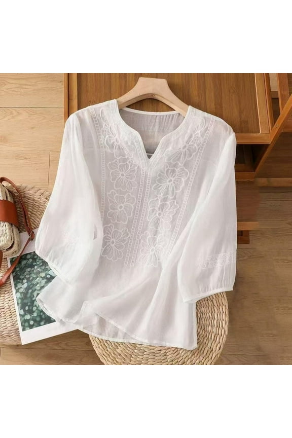 Embroidered Cotton Linen Shirts Embroidered Tops Trendy Summer Boho Embroidered Boho Tops Bohemian Shirts Tunic Top Dressy Elegant Blouse Summer Boho T Shirts Boho Ethnic Style Peasant Tee White M