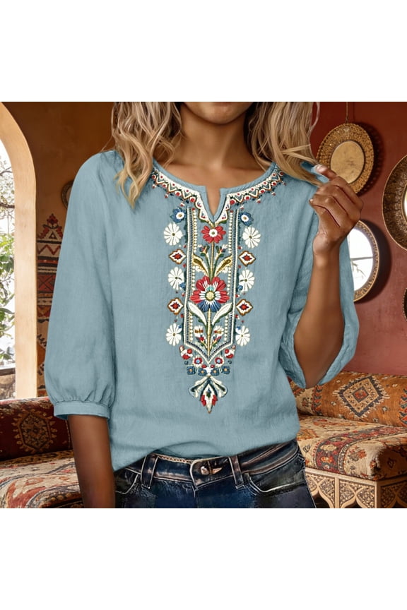 Embroidered Cotton Linen Shirts Mexican Blouse Dressy Loose Tunics Blouses Floral Blouses Crewneck Tee Shirts Tunics Linen Shirts for Women Puff Sleeve Peasant Tops Boho Clothes for Women Light Blue