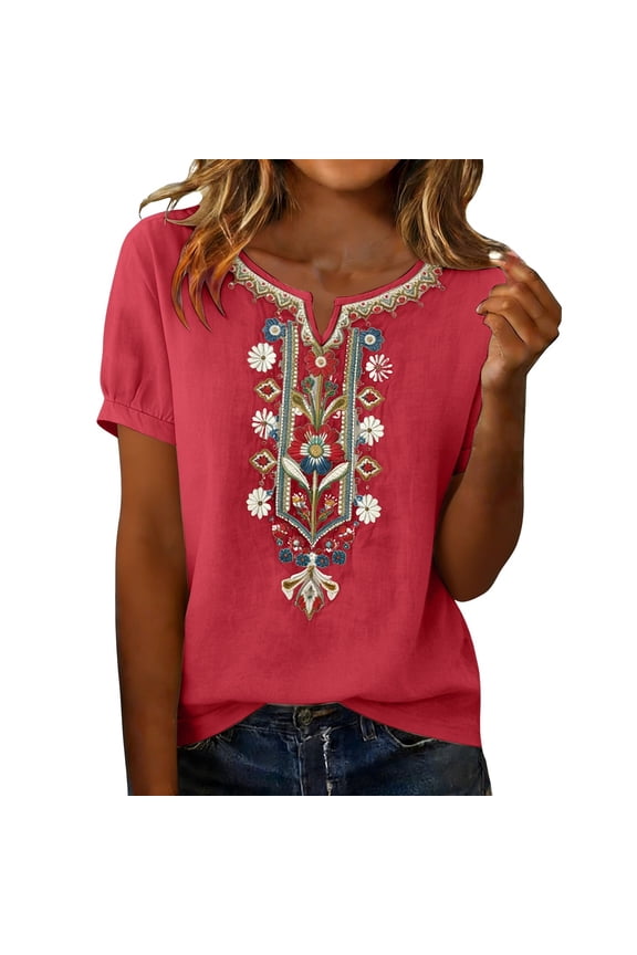 Embroidered Cotton Linen Shirts Short Sleeve Summer Shirts Dressy Casual Bohemian Shirts Teacher Loose Tunics Mexican Embroidered Tops Mexican Blouse Summer Boho Tunics Boho Tunic Tops Brick Red Xl