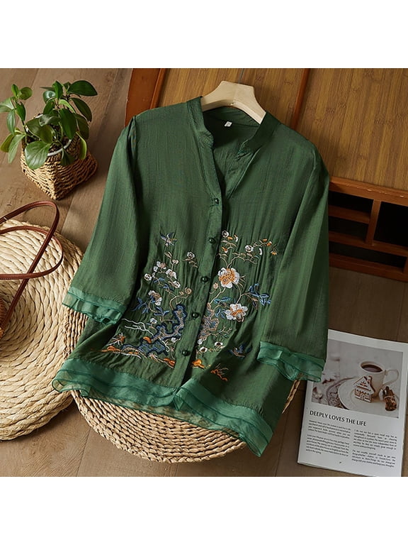 Embroidered Cotton Linen Shirts Summer Boho T Shirts Mexican Blouse Tunic Top Dressy Boho Retro Embroidered Tops Flowy Tees Bohemian Shirts Embroidered Boho Tops Boho Blouse Trendy Summer Boho Green