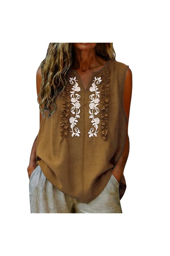 Embroidered Cotton Linen Tank Tops Sleeveless Notch V Neck Boho Peasant Blouses Loose Fit Tunic Blouse Plus Sized Dressy Casual Bohemian Cami Shirts Gauze Beach Camisole Tops Coffee L