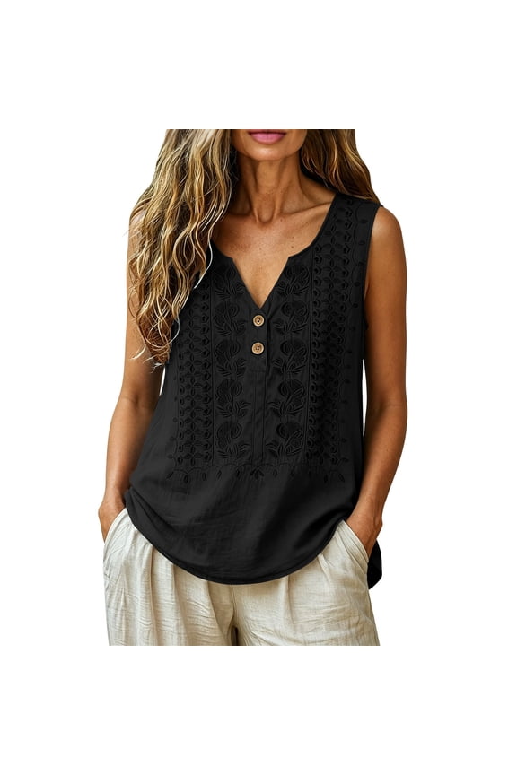 Embroidered Cotton Linen Tank Tops for Women Bohemian Vest Shirts V Neck Tunic Summer 2026 Gauze Peasant Blouse Black 2XL