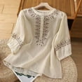 thumbnail image 1 of Embroidered Cotton Linen Tee, 3/4 Sleeve V Neck Button, Casual Ethnic, Comfortable, Beige L, Size M-XXXL, 1 of 1