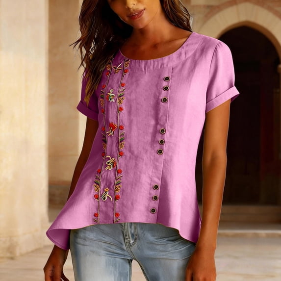 Embroidered Cotton Linen Tops Boho Peasant Gauze Blouses Womens Gauze Tops Flowy Tops For Women Short Sleeve Henley Tops Gauze Tunic Tops For Women Summer Blouses For Women Summer Linen Tops Pink M