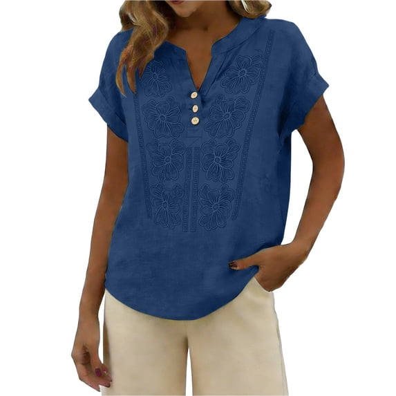 Embroidered Cotton Linen Tops Peasant Tops For Women Flowy Tops For Women Cotton Boho Tops Peasant Blouse Boho Peasant Gauze Blouses Short Sleeve Henley Tops Womens Gauze Tops Gauze Shirts Blue XL