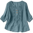 thumbnail image 1 of Embroidered Cotton Linen Tops for Women 3/4 Sleeve V-Neck Summer Boho Peasant Gauze Button Up Shirts Loose Tunics Gauze Blouses, 1 of 4