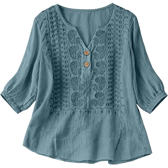 Embroidered Cotton Linen Tops for Women 3/4 Sleeve V-Neck Summer Boho Peasant Gauze Button Up Shirts Loose Tunics Gauze Blouses