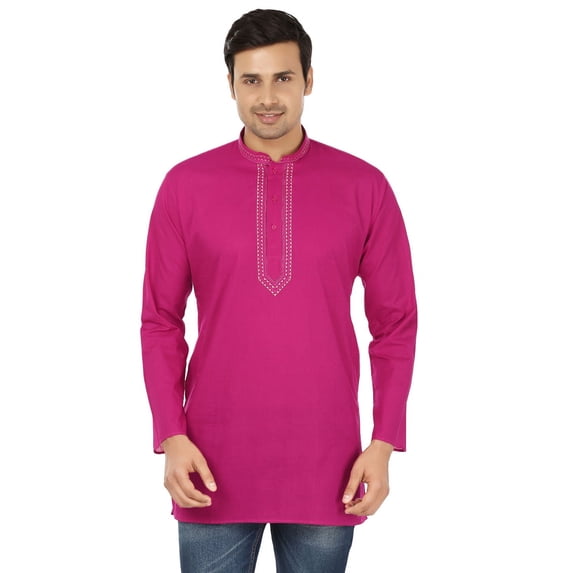 Embroidered Cotton Men's Short Kurta Shirt India Fashion Clothes (Magenta, M)