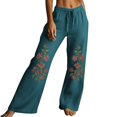 thumbnail image 1 of Embroidered Cotton Pant，Boho Embroidered Floral Pants Womens Casual Linen Pants Drawstring Elastic Waist Pants With Pockets Cotton Linen Flowy Palazzo Pants Vintage Lounge Trousers, 1 of 5