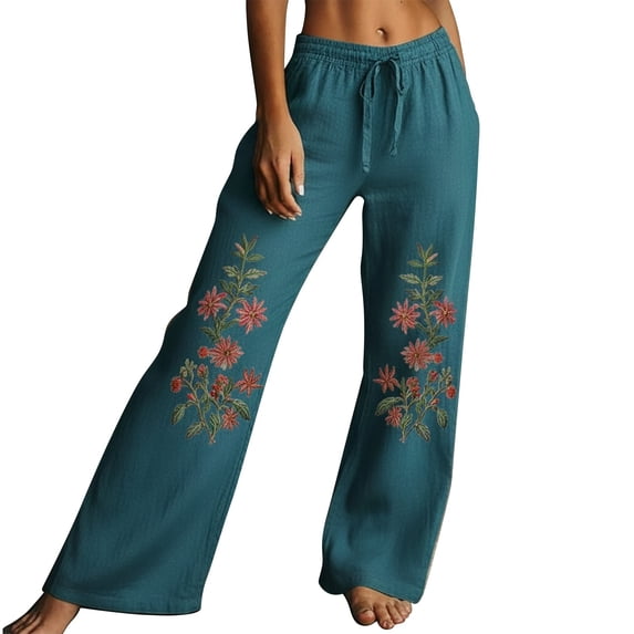 Embroidered Cotton Pant,Boho Embroidered Floral Pants Womens Casual Linen Pants Drawstring Elastic Waist Pants With Pockets Cotton Linen Flowy Palazzo Pants Vintage Lounge Trousers