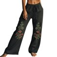 thumbnail image 1 of Embroidered Cotton Pant，Wide Leg Linen Pants For Women Wide Leg Boho Trouser Vacation Trousers With Pockets Drawstring Elastic Waist Pants With Pockets Boho Embroidered Floral Pants, 1 of 5