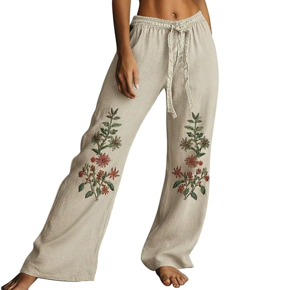 Embroidered Cotton Pant,Womens Casual Linen Pants Cotton Linen Flowy Palazzo Pants Drawstring Elastic Waist Pants With Pockets Boho Embroidered Floral Pants Vintage Lounge Trousers