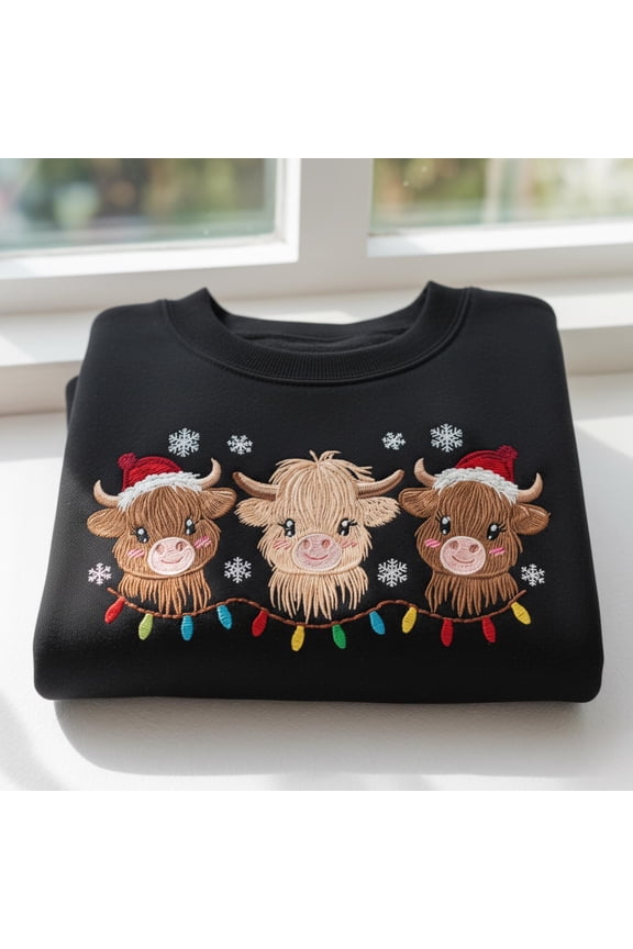 Embroidered Cow Sweatshirt, Cute Christmas Cow pullover, Embroidered Animal Sweater, Farm Animal Shirt
