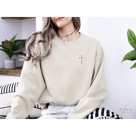 Embroidered Cross Sweatshirt, Crewneck, Hoodie, Mother's Day Gift, Christian Gift, Mom Gift, Jesus Sweatshirt, Left Chest, Religious 1034