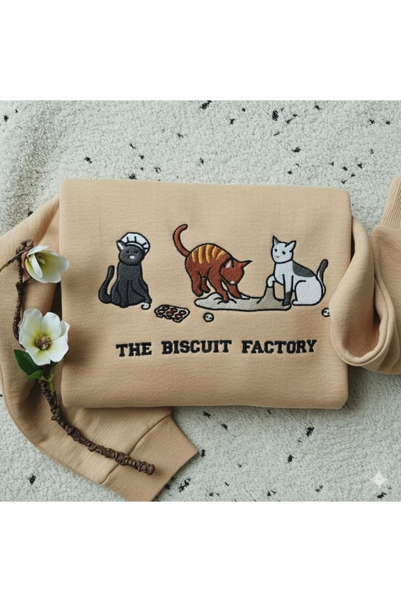 Embroidered Custom Cat Sweatshirt – The Biscuit Factory Design, Cute Cat Lovers Crewneck, Pullover with Cats Embroidery, Gift for Pet Owner