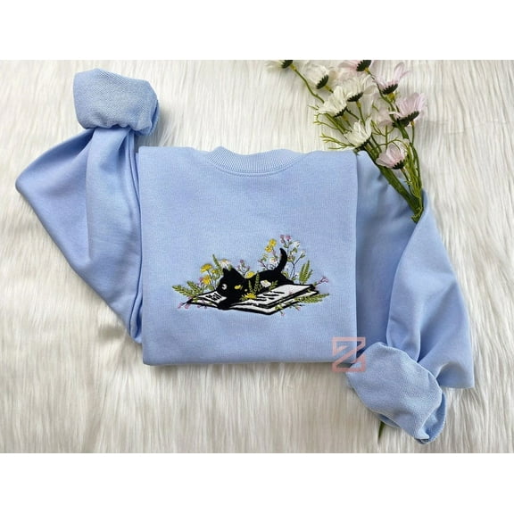 Embroidered Cute Cat Lying On Book With Flower Sweatshirt
