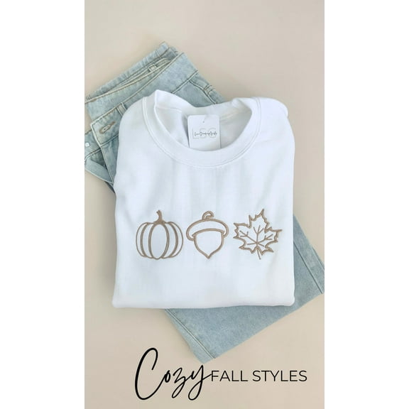 Embroidered Cute Fall Crewneck With Fall Leaf Acorn And Pumpkin