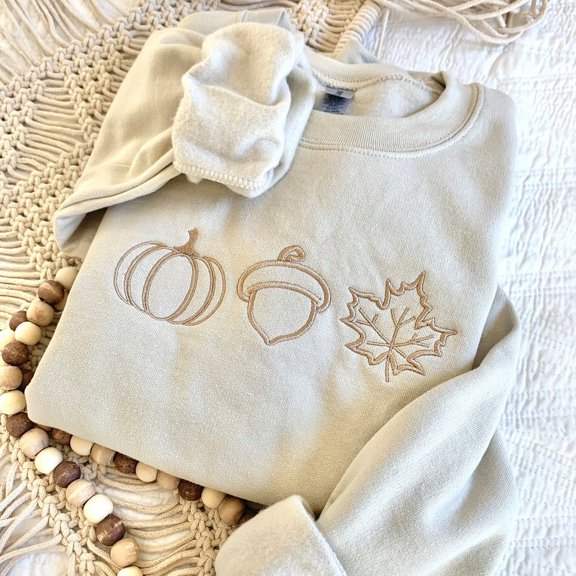 Embroidered Cute Fall Crewneck With Fall Leaf Acorn And Pumpkin