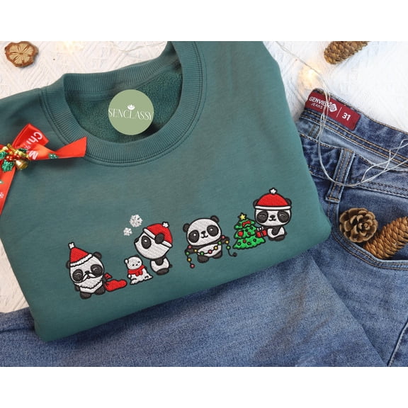 Embroidered Cute Panda Christmas Sweatshirt, Woman Holiday Sweater, Panda Lover Shirt, Xmas Panda Long Sleeve, Baby Animal Christmas Shirt