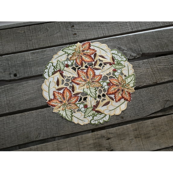 Embroidered Cutwork Colorful Fall Maple Leaf (11" Round)