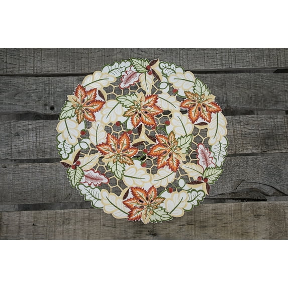 Fall and Autumn Cutwork Colorful Maple Leaf Round Doily, Placemat (15.5 Inch Round)