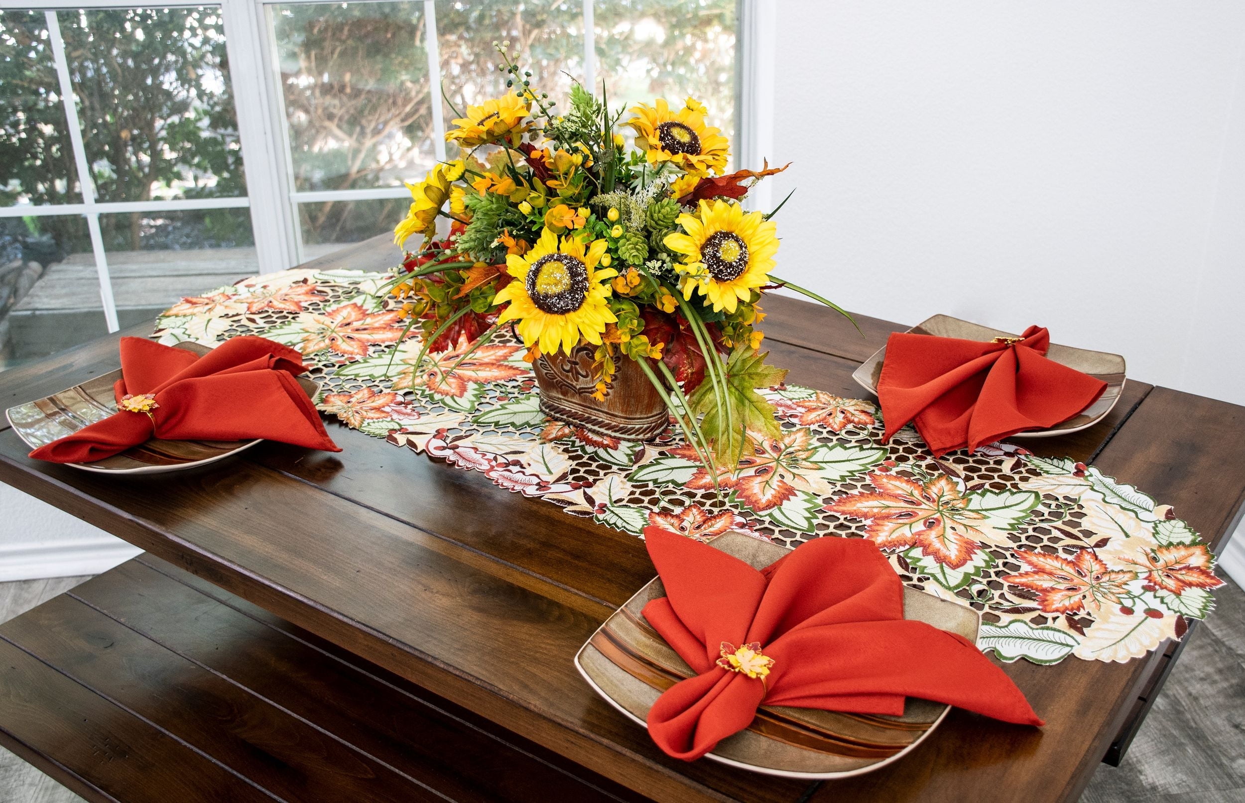 Fall and Autumn Cutwork Colorful Maple Leaf Table Runner, Dresser Scarf (15Wx52L)