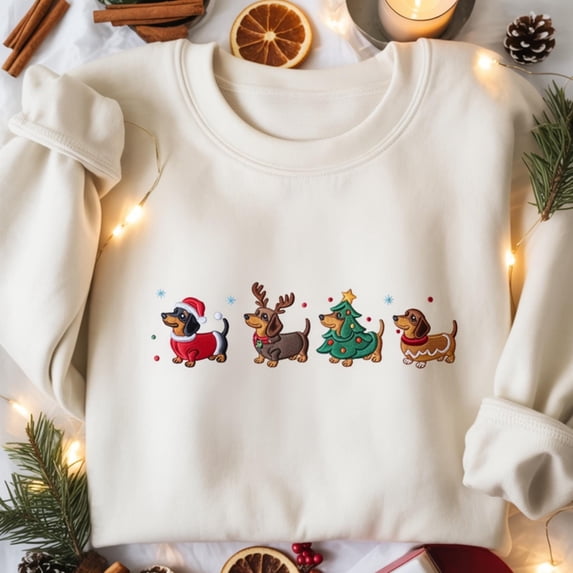Embroidered Dachshund Christmas Sweatshirt, Cute Wiener Dog Holiday Crewneck, Funny Dog Lover Sweater, Cute Christmas Dog Shirt