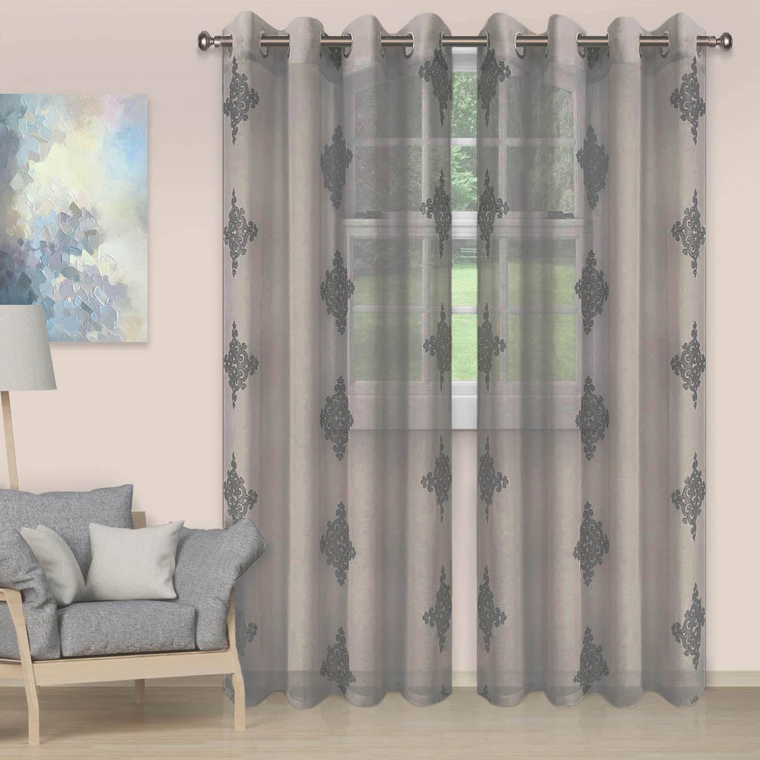 Blue Nile Mills Embroidered Damask Sheer Curtain Panel