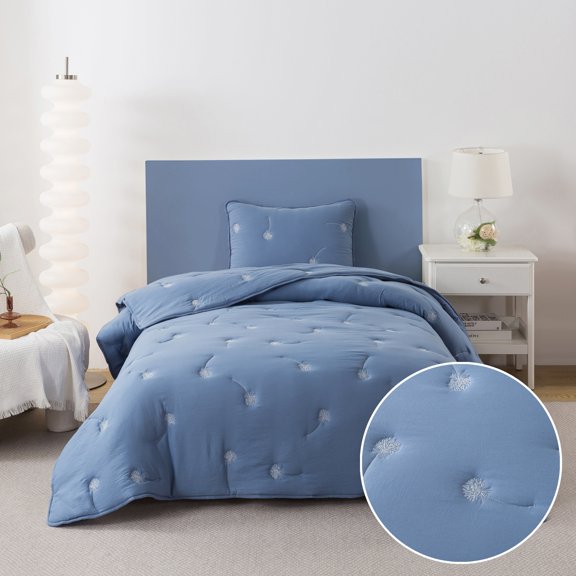 NSH by New Sega Home, 2-Piece Comforter Set, Embroidered Dandelion, Blue, Bed in a Bag, Twin