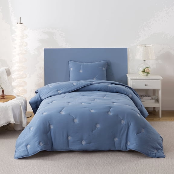 NSH by New Sega Home, 2-Piece Comforter Set, Embroidered Dandelion, Blue, Bed in a Bag, Twin