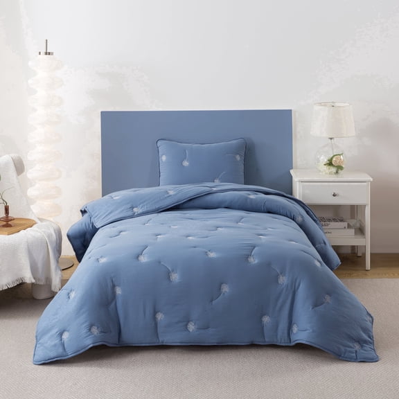 NSH by New Sega Home, 2-Piece Comforter Set, Embroidered Dandelion, Blue, Bed in a Bag, Twin